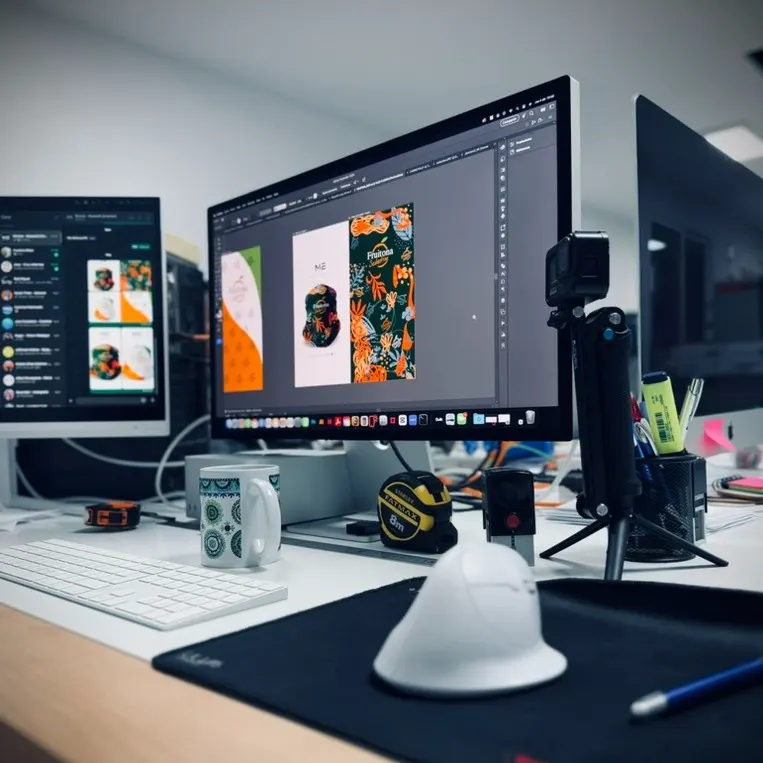 Puesto de diseño gráfico con simulación de un proyecto